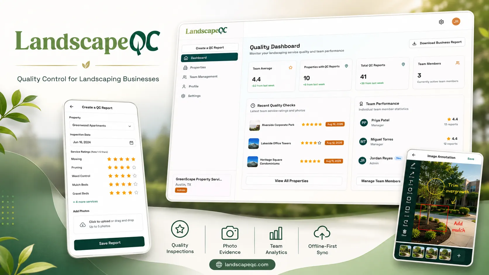 The LandscapeQC quality dashboard beside a mobile inspection form of star-rated services, and a site photo being annotated with “trim overgrowth” and “add mulch”
