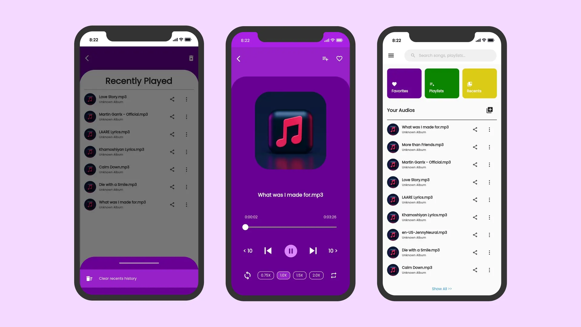 Three Muzify phone screens: the recently-played list, the player with playback speed controls, and the audio library with favourites and playlists