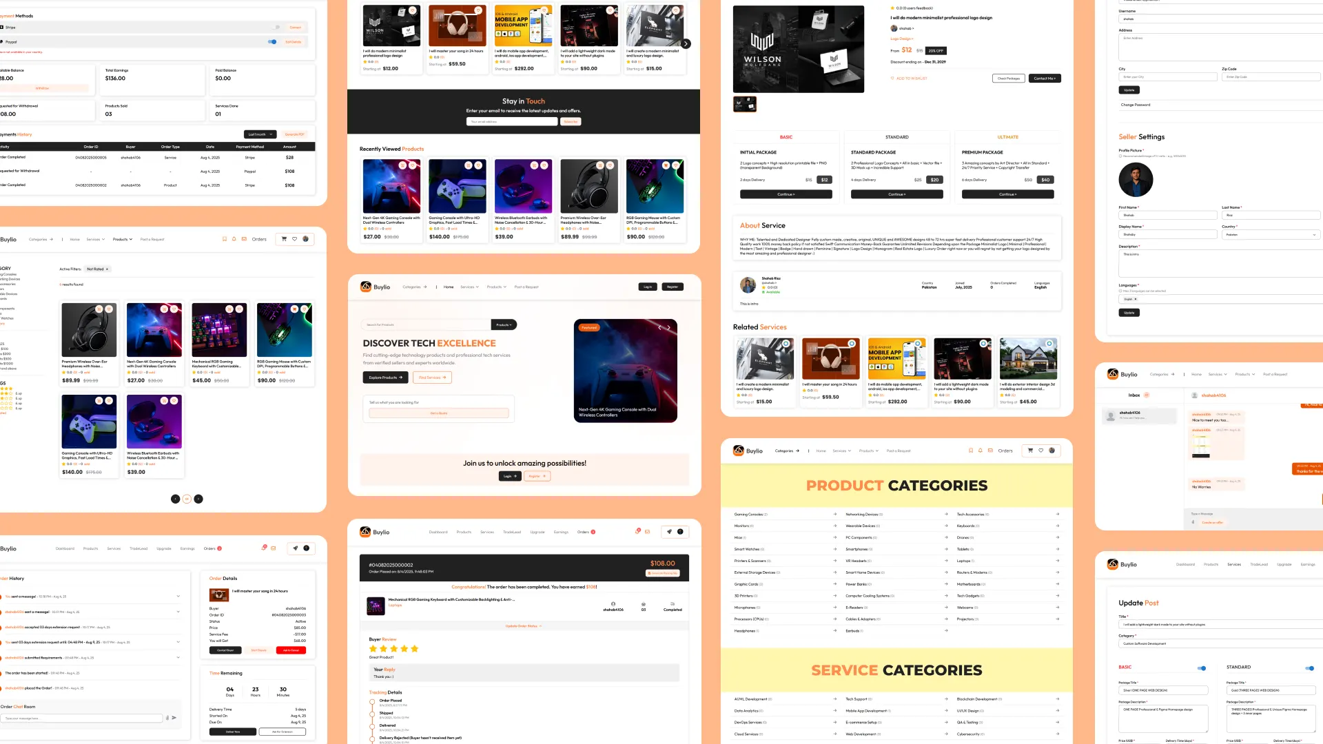 A wall of Buylio screens: product listings, a service page with tiered packages, an order timeline, seller settings, and the product and service category directories