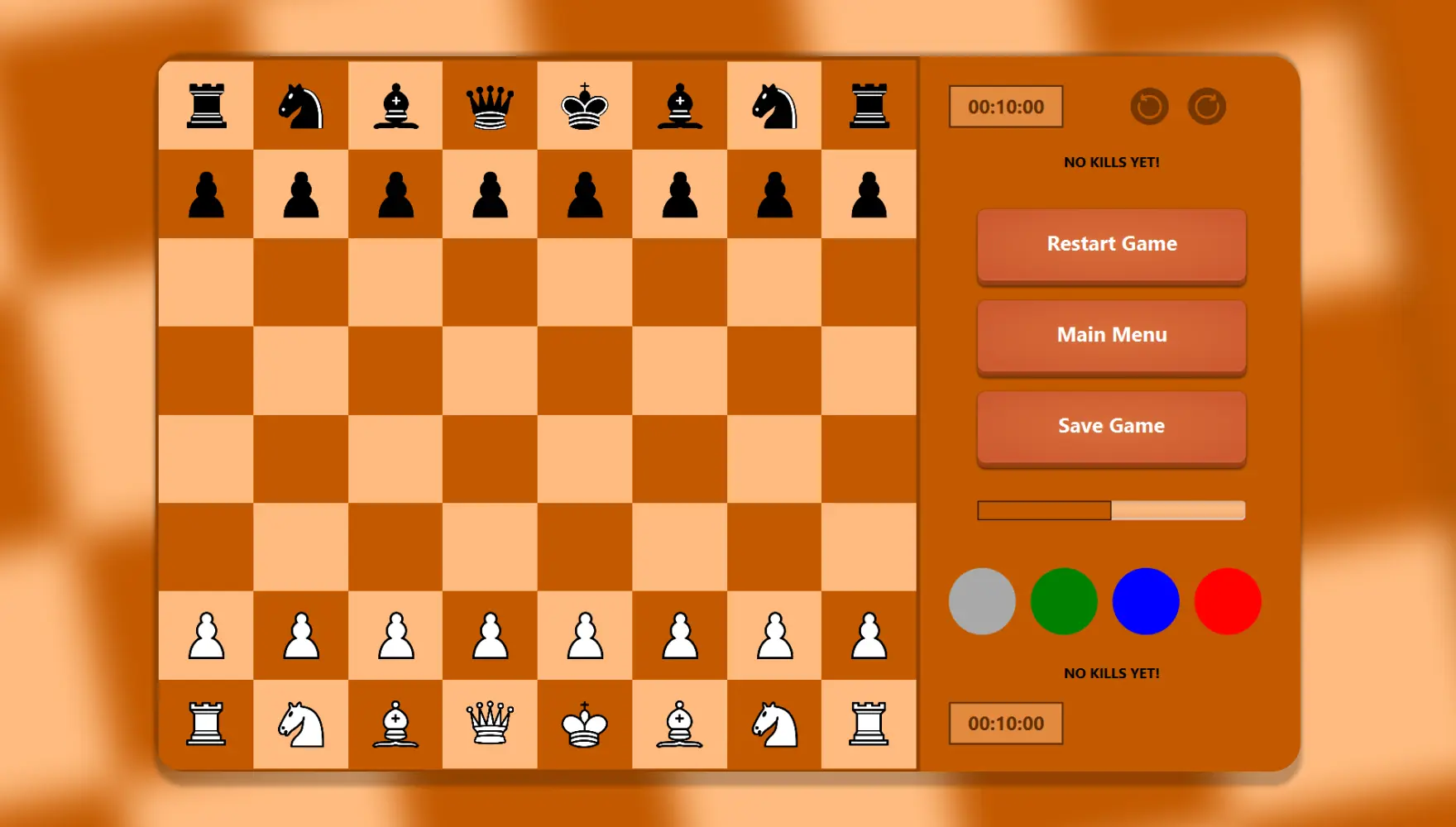The chess board set up for a new game, with a move timer, restart, main menu and save controls down the right-hand side