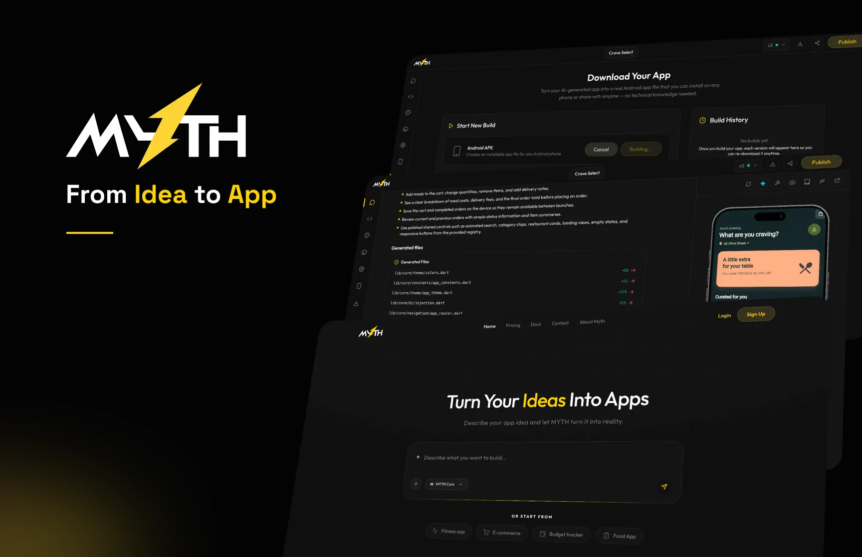 MYTH generating a food delivery app, with the running app previewed in a phone frame