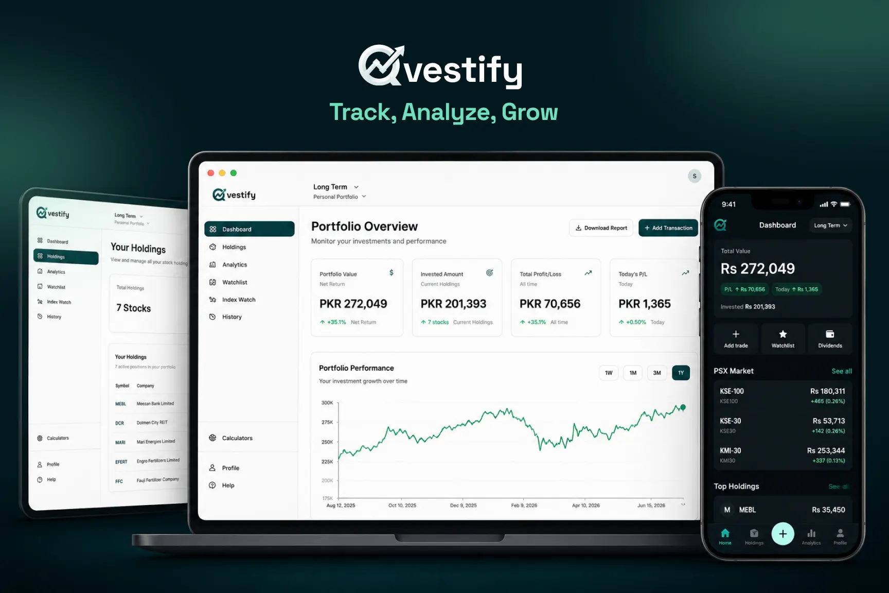 The Qvestify holdings dashboard, showing positions with live profit and loss